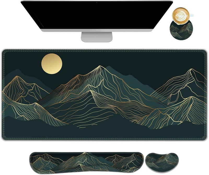 AIMSA Keyboard & Mouse Pad Set, Extended Desk Mat + Ergonomic Mouse & Keyboard Wrist Rest Support, 35x15.7in Abstract Gold Sun Mountain - Image 1